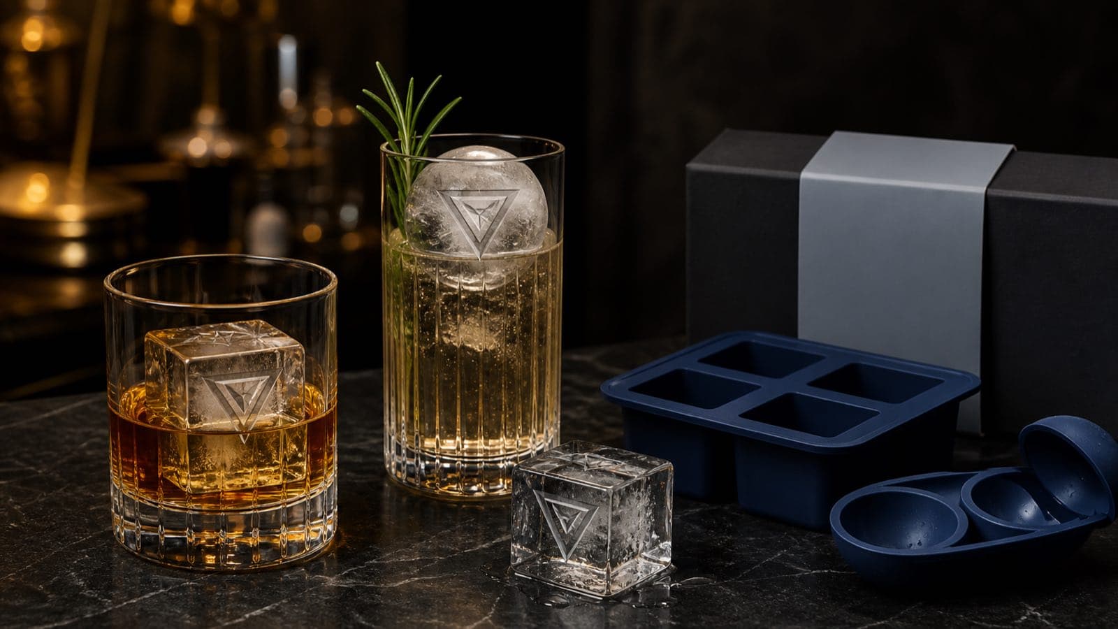 Custom logo ice cubes and sphere served with silicone molds for a hospitality program
