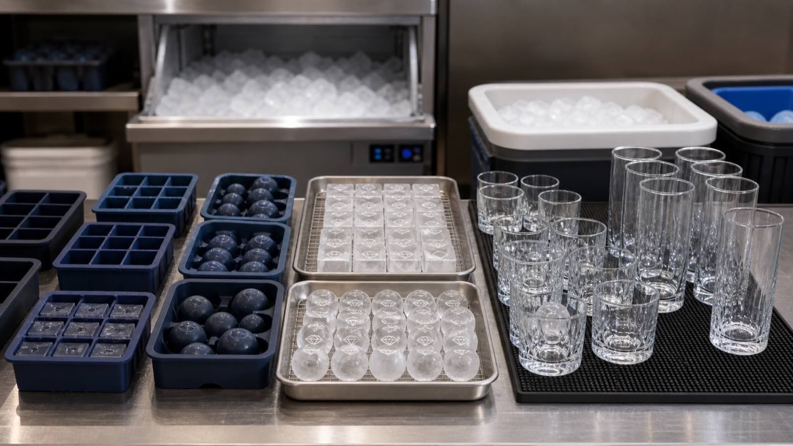 Silicone logo ice molds, finished ice and glassware arranged for hospitality service planning