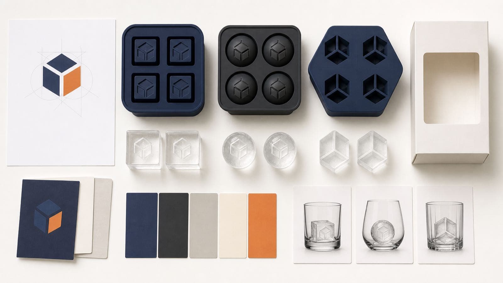 Custom logo artwork translated into cube, sphere and geometric silicone ice mold concepts