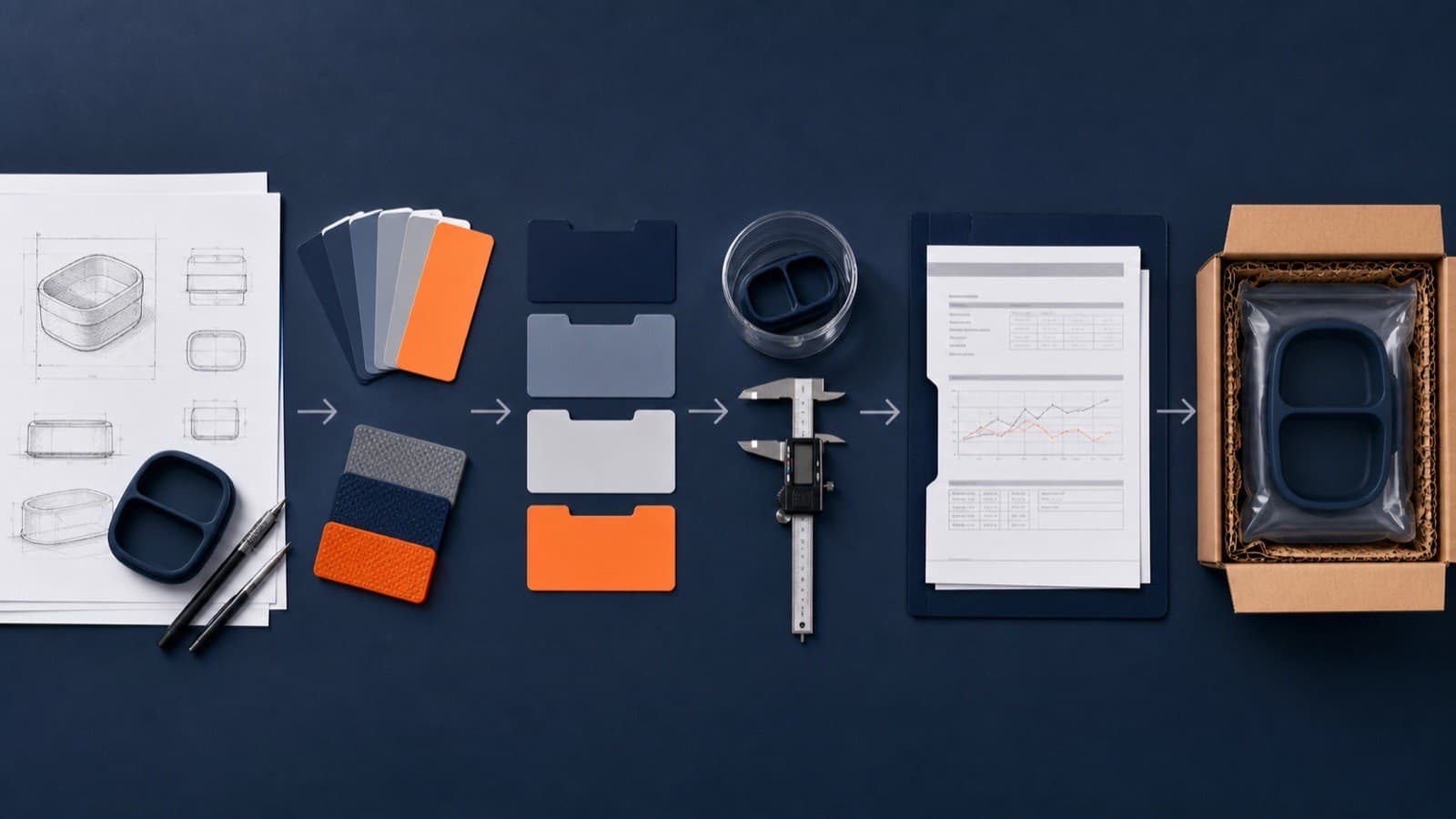 Illustrated workflow from product brief and materials through testing and shipment