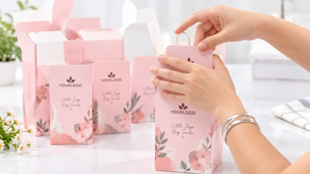 Assembly of pink custom retail boxes for reusable silicone milk storage bags