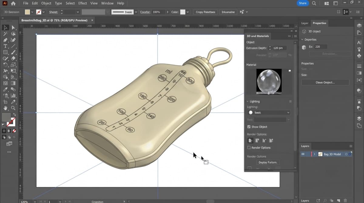 3D design review of the silicone milk storage bag structure and measurement scale
