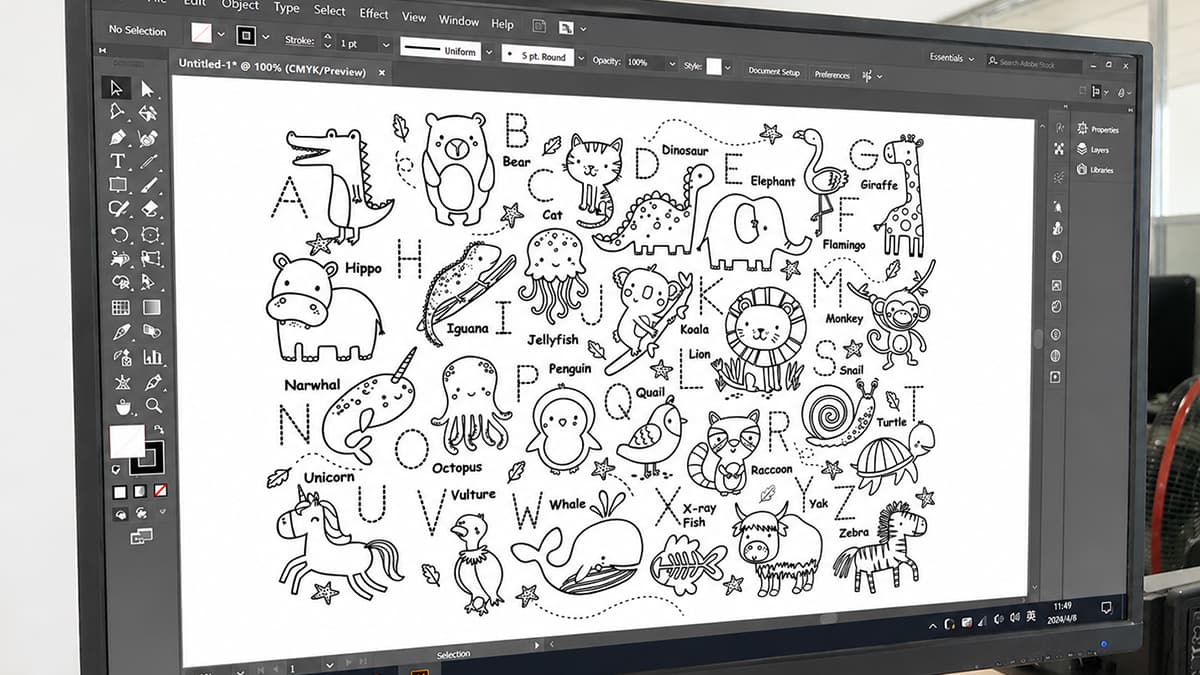 Artwork development for an animal alphabet silicone coloring mat