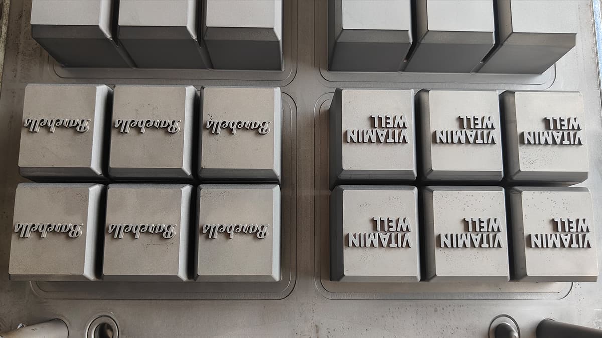 Tooling inserts showing recessed logo details for a custom square ice mold