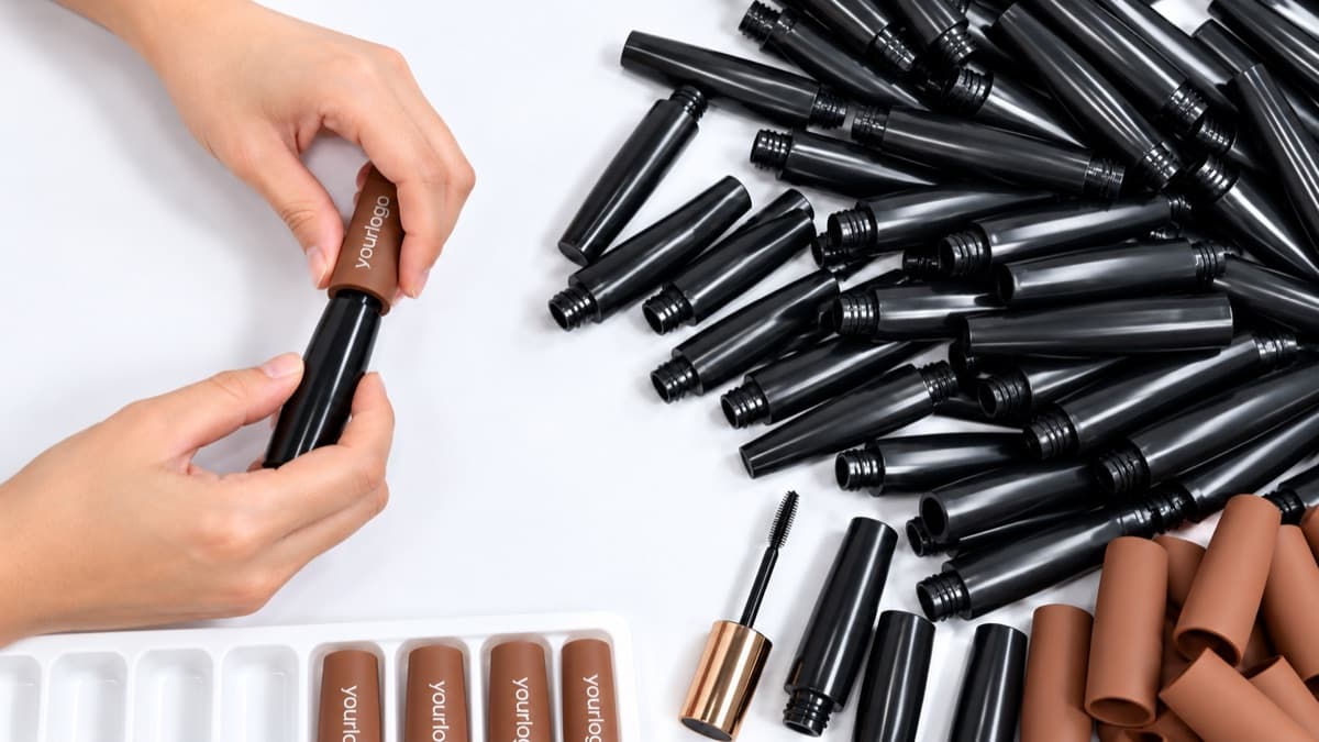 Assembly of a brown silicone sleeve onto a black cosmetic tube component