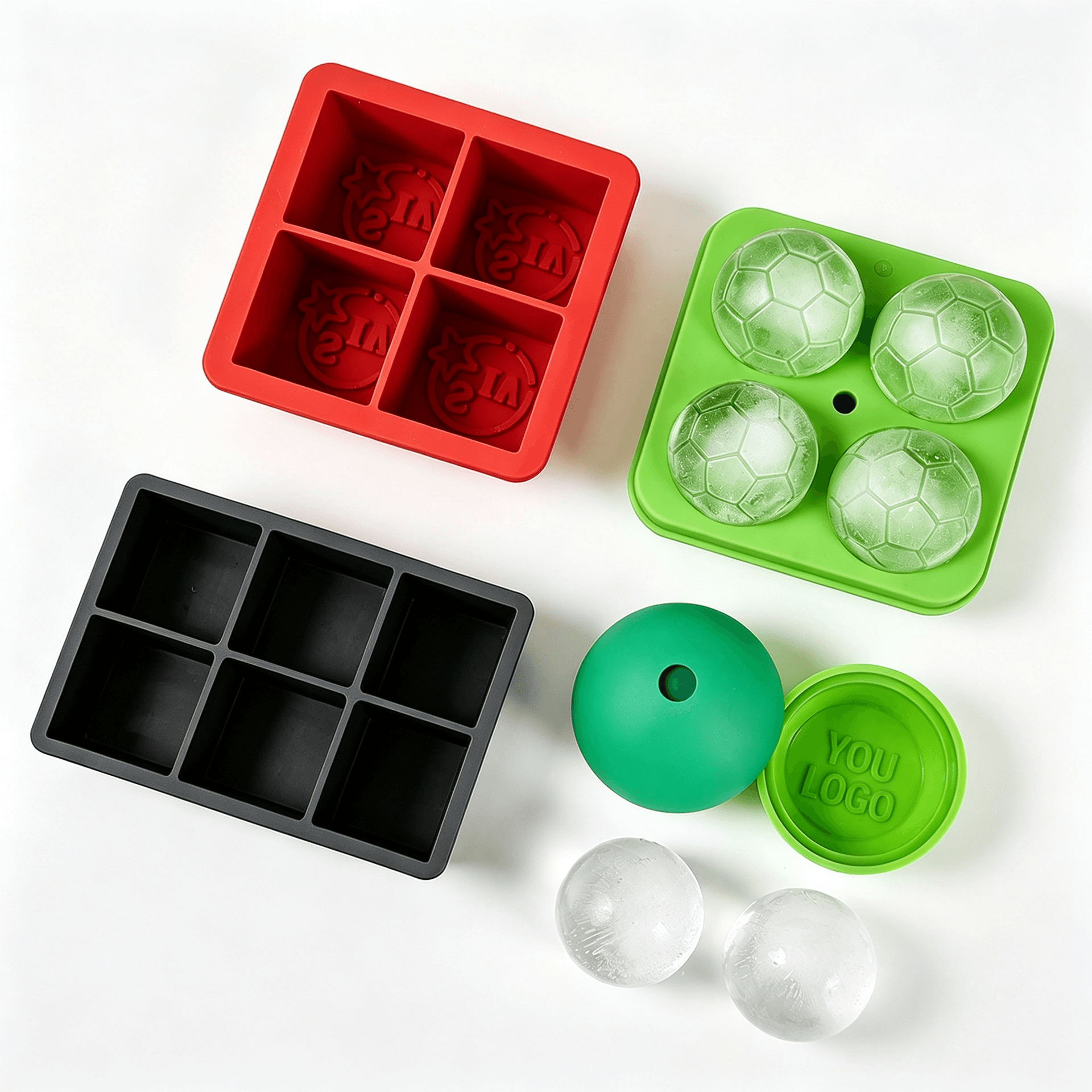 Assorted silicone ice cube and ice ball mold configurations