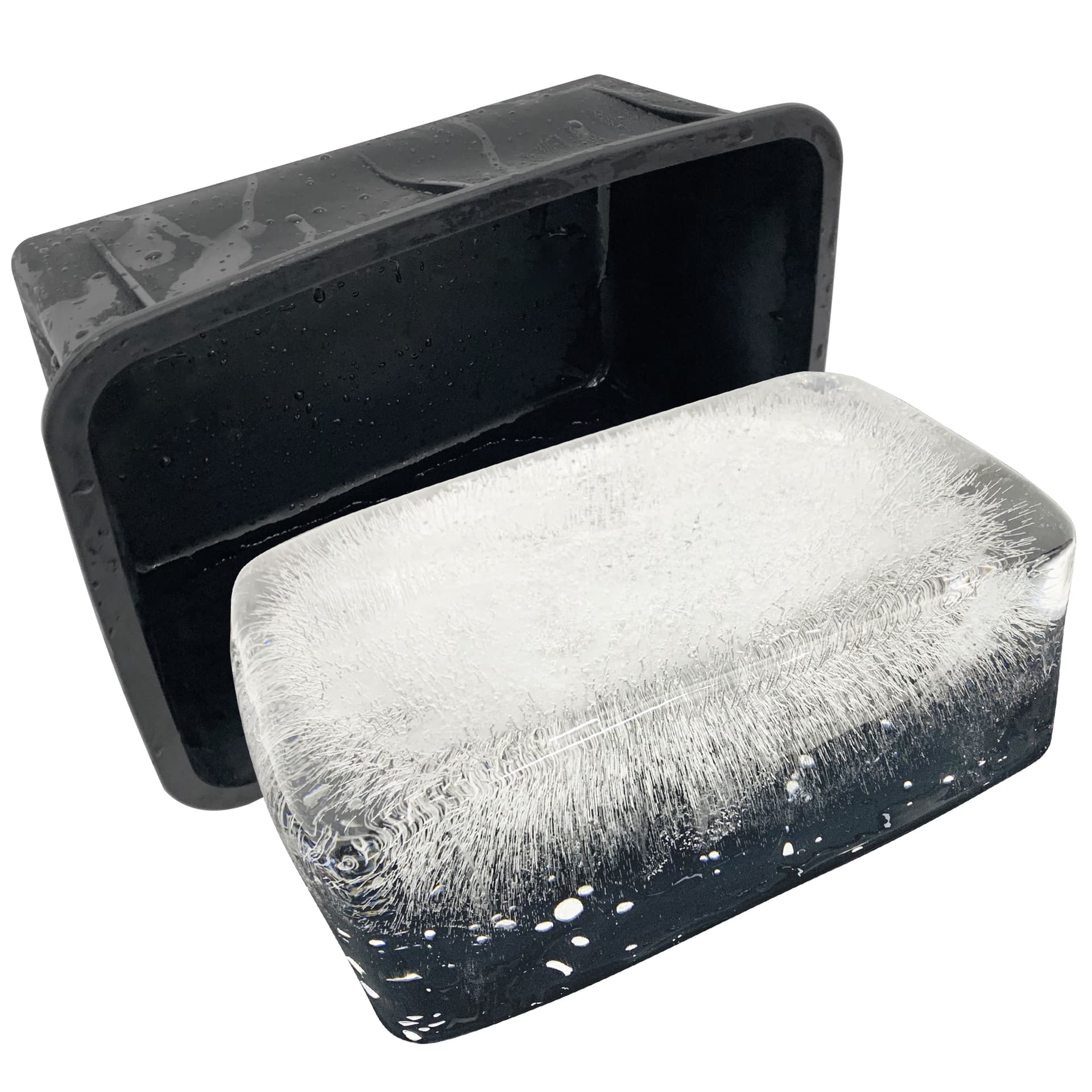 Black silicone large ice block mold with a finished ice block