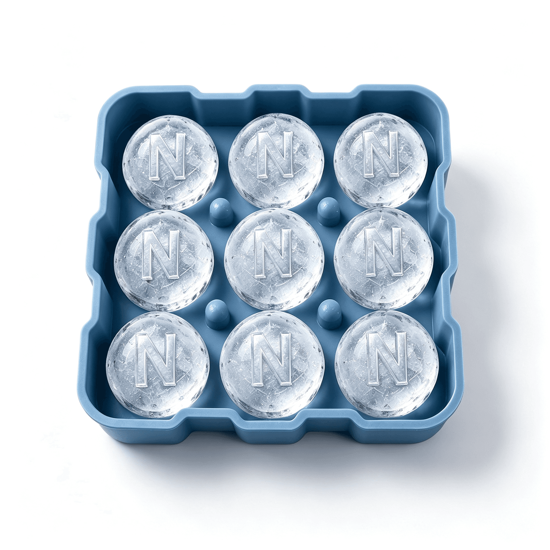 Blue silicone ice ball mold producing nine logo ice balls