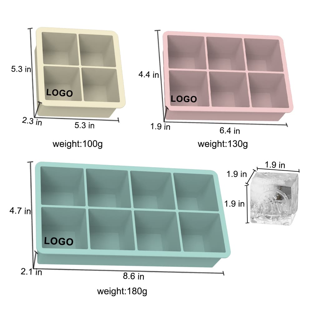Example silicone ice mold dimensions for four, six and eight cavity trays