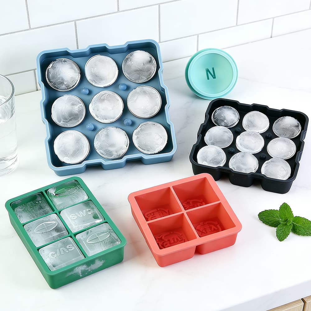 Custom silicone ice molds in multiple colors, shapes and cavity configurations