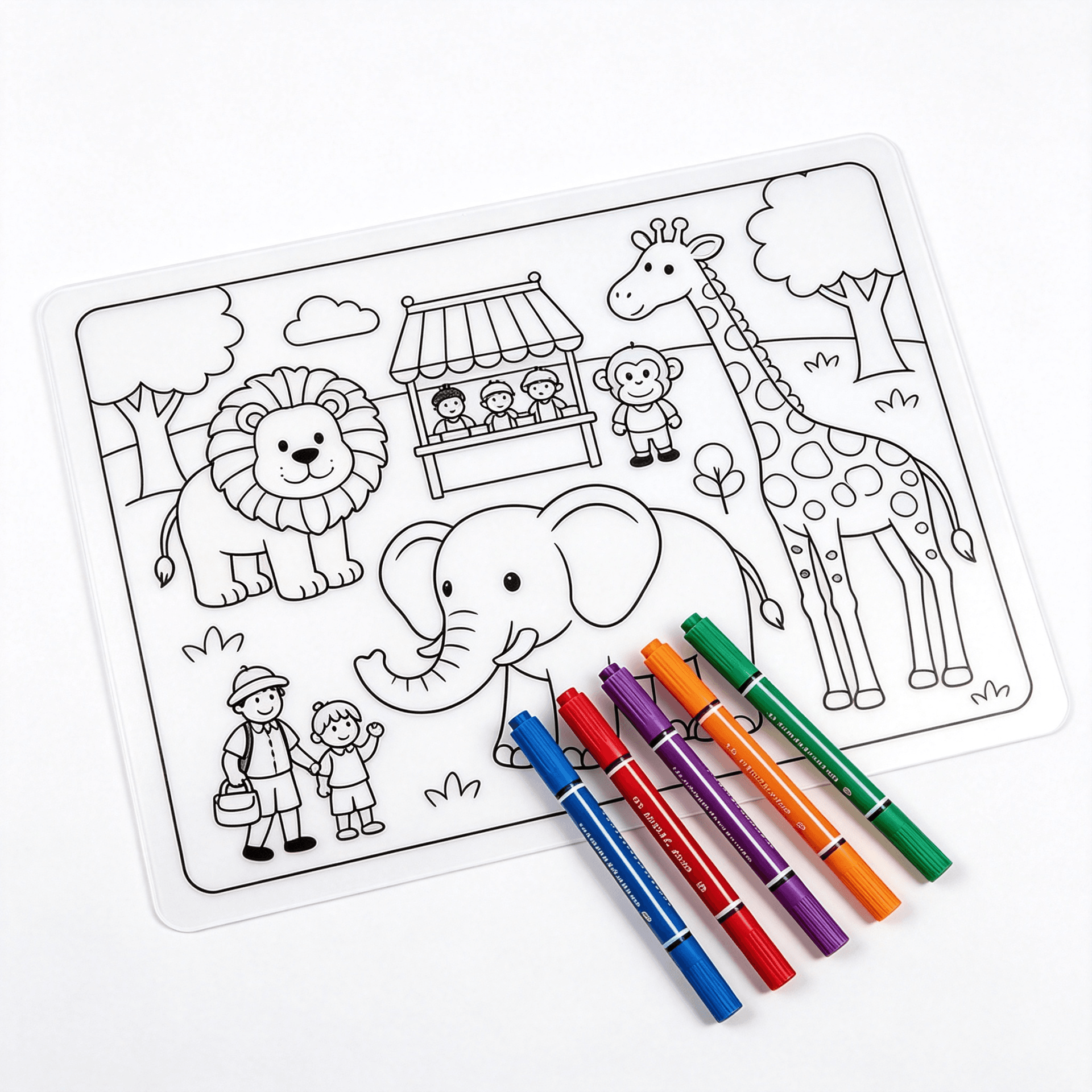 Reusable silicone drawing mat with animal artwork and color pens